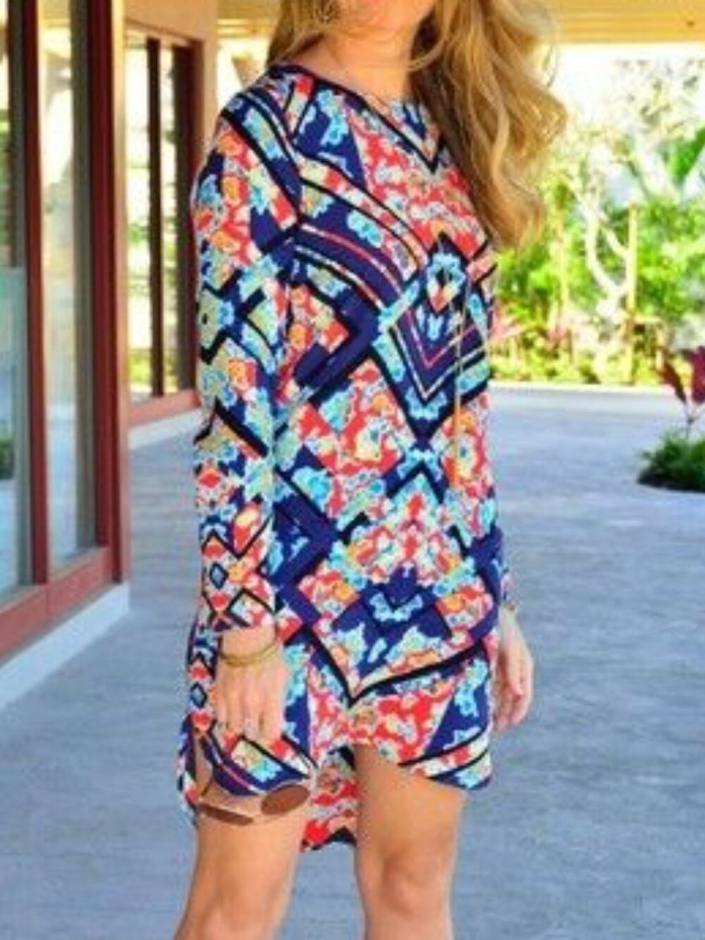 WAYF Red Blue Black Multi Floral Geometric Aztec Boho Long Sleeve Shift Dress XS